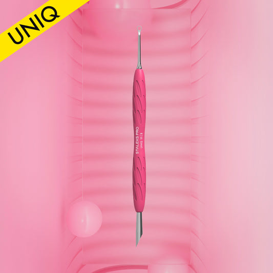 STALEKS Manicure pusher Gummy with silicone handle UNIQ 11 TYPE 2 (beveled and loop pusher)