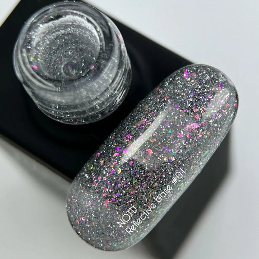 NAILSOFTHENIGHT Reflective base 01 - камуфлююча світловідбиваюча основа з шиммером (сріблясті та рожеві блискітки), 10 мл