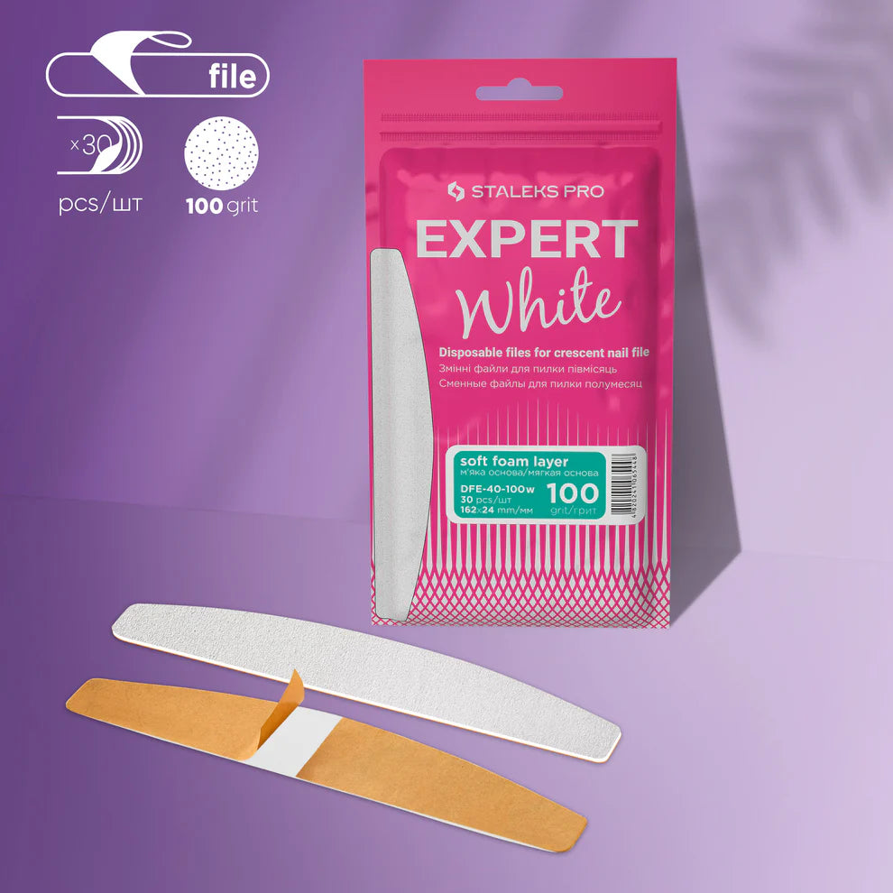 STALEKS Disposable white files for crescent nail file on a soft foam layer EXPERT 40 100 grit (30 pcs) - All Pro Beauty