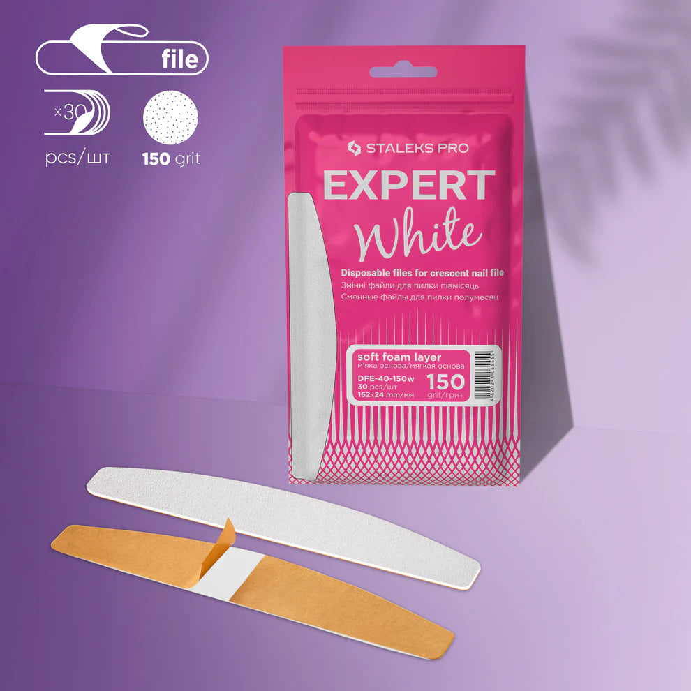 STALEKS Disposable white files for crescent nail file on a soft foam layer EXPERT 40 150 grit (30 pcs) - All Pro Beauty