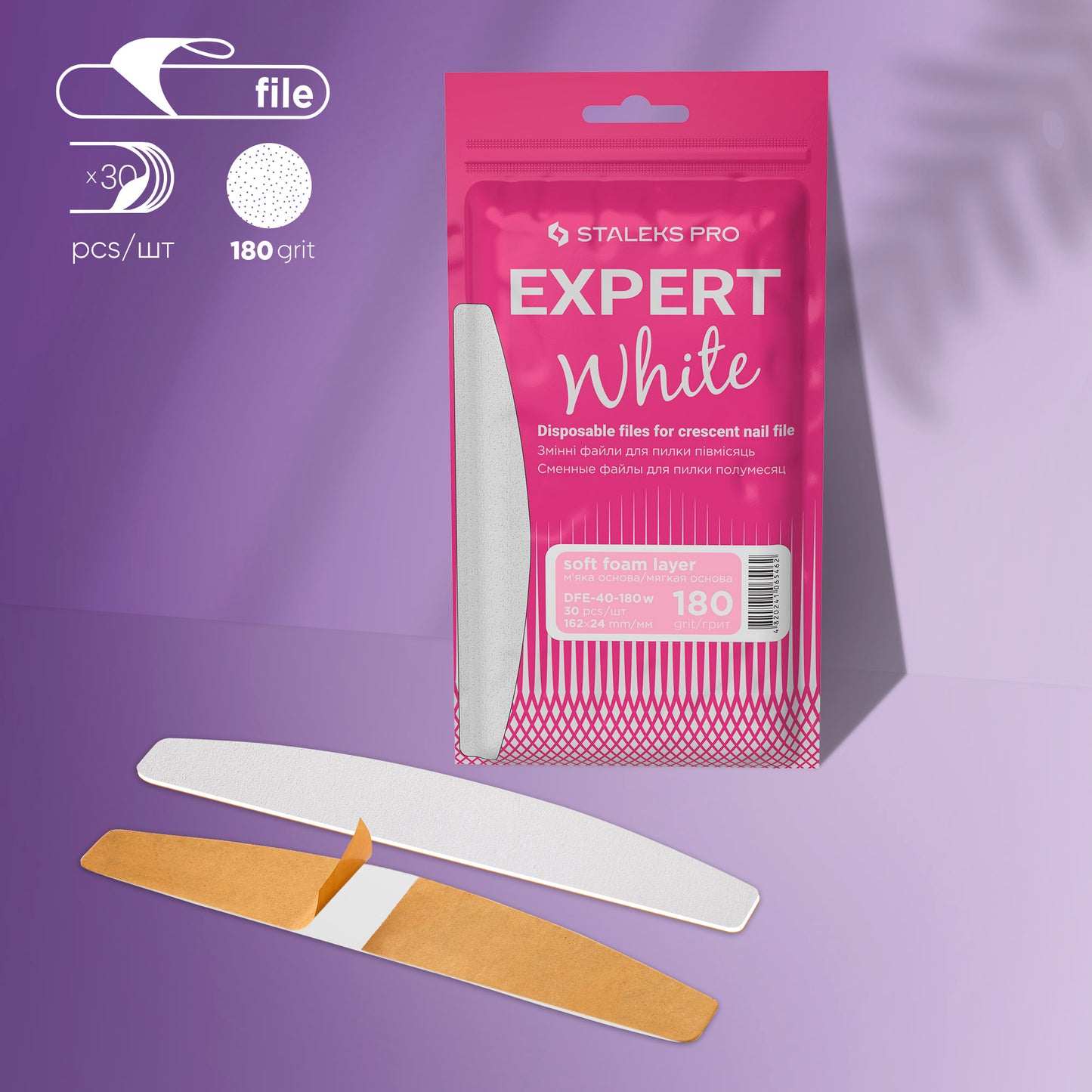 STALEKS Disposable white files for crescent nail file on a soft foam layer EXPERT 40 180 grit (30 pcs)